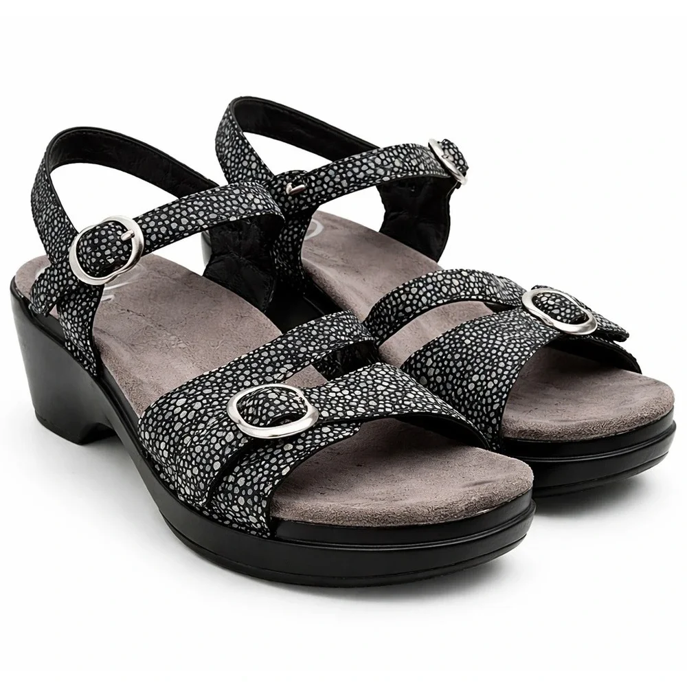 Dansko Sandi EU 40 US 9.5 10 Shimmer Nubuck Leather Sandals Wedge Strappy Silver